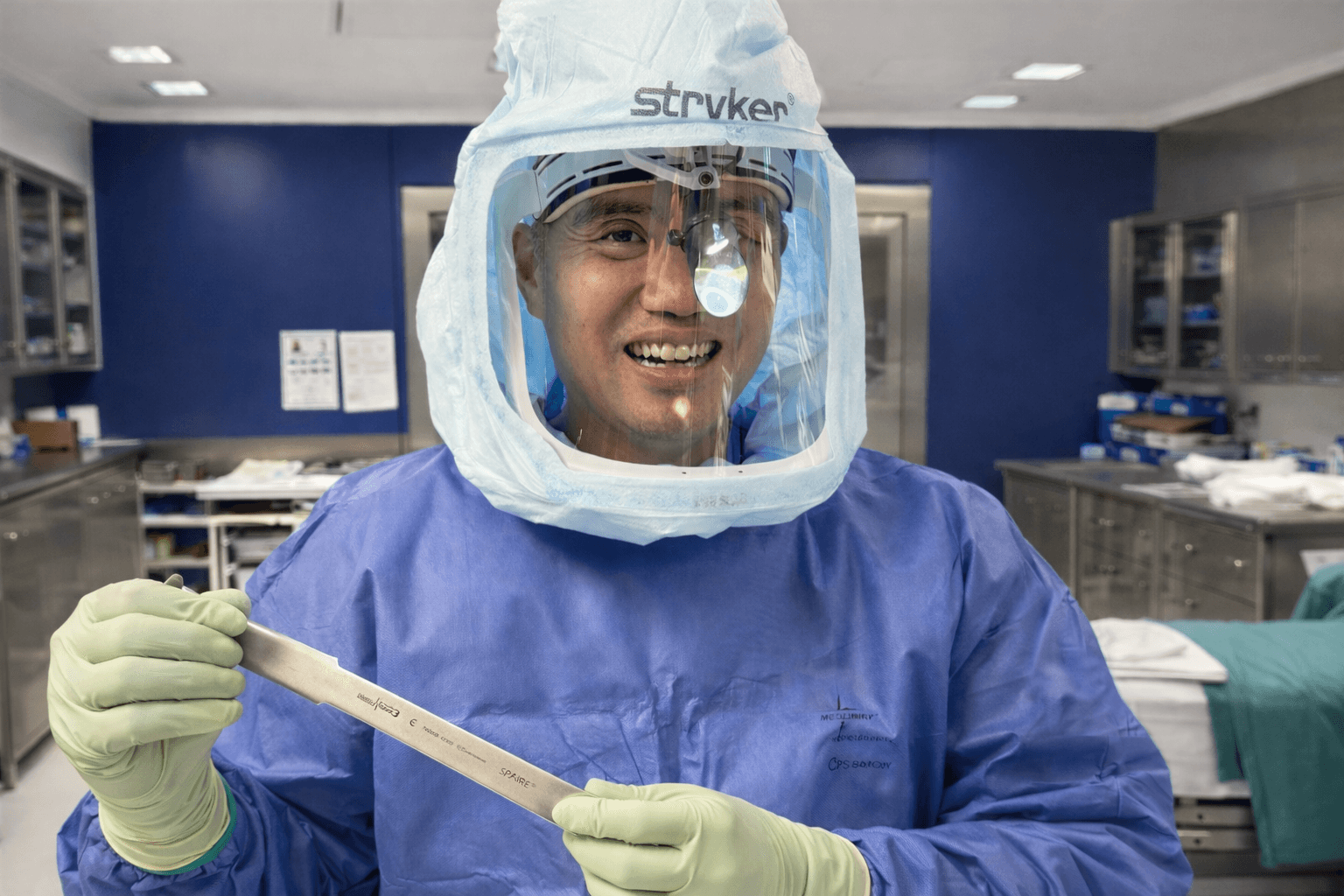 Professor Lee in surgical attire with Stryker face shield